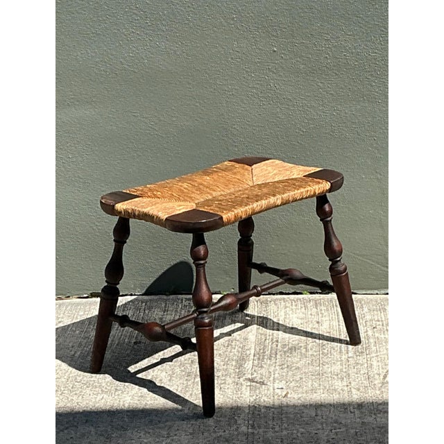 Tan Vintage Rush Seat Turned Wood Low Stool For Sale - Image 8 of 12