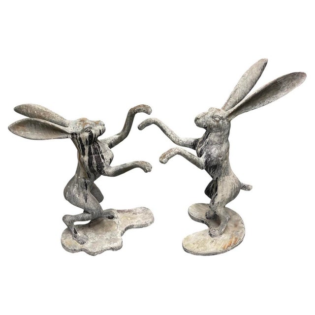 2000 - 2009 A Pair of Vintage Cast Iron Boxing Hares Garden Statues For Sale - Image 5 of 12