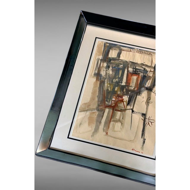 Ink Blue Mid 20th Century Italian Mirror Frame With Abstract Drawing on Textured Paper, Signed and Dated For Sale - Image 8 of 18