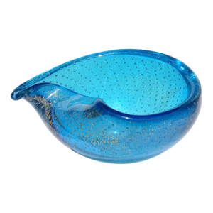 Murano Vintage Sapphire Blue Gold Flecks Control Bubbles Italian Art Glass Tear Water Drop Dish Bowl