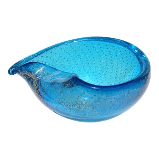 Vintage Murano Sapphire Blue Gold Flecks Control Bubbles Italian Art Glass Tear Water Drop Dish Bowl For Sale