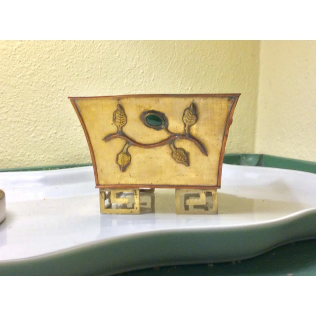 Hollywood Regency Pair of Vintage Oriental Brass and Stone Cachepots For Sale - Image 3 of 3