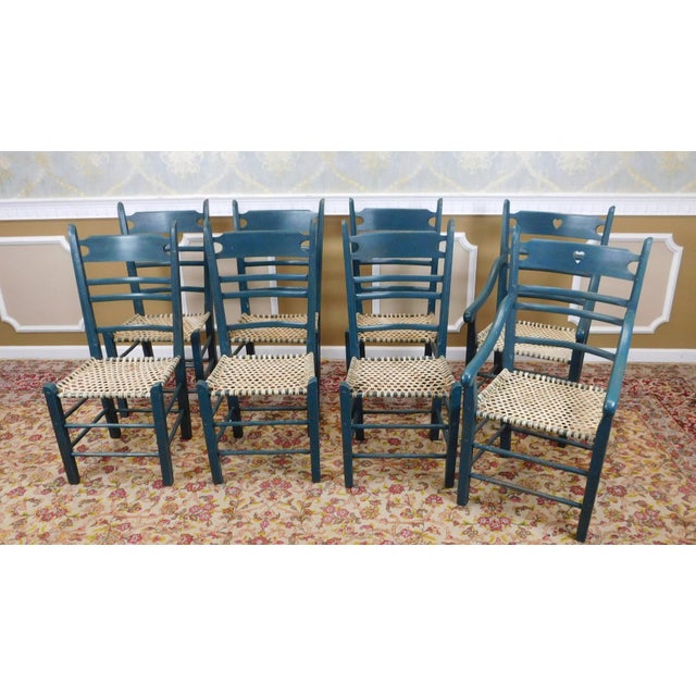 Vintage Green & Rawhide Woven Seat Country Dining Chairs Set of 8