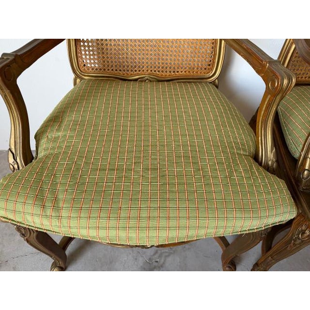 Vintage Hollywood Regency French Louis XV-Style Giltwood Cane Armchairs – A Pair For Sale - Image 14 of 14