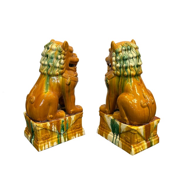 Pair Chinese Tri-Color Mustard Yellow Glaze Fengshui Lions Foo Dogs For Sale In San Francisco - Image 6 of 15