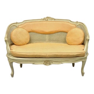 Vintage French Louis XV Victorian Style Small Cream Painted Settee Loveseat Sofa For Sale