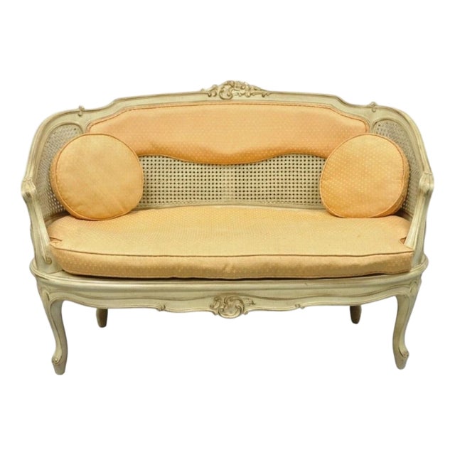 Vintage French Louis XV Victorian Style Small Cream Painted Settee Loveseat Sofa For Sale