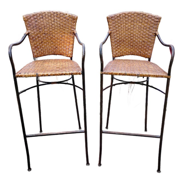 Late 20th Century Wicker Iron Bar Counter Stools Pair For Sale