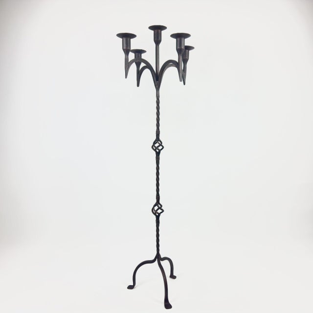 Metal Hand Forged Wrought Iron Floor Candelabra 50″ (127cm) Antique Copper Patina 5-Arm Candle Holder Gothic Medieval Church Decor For Sale - Image 7 of 7