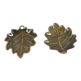 Late 20th Century Serving Dishes Glazed Ceramic Olive Green Leaf Shaped - Pair For Sale