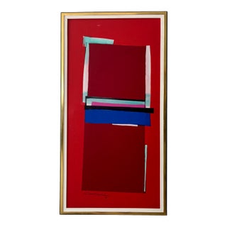 Silvio Oppenheim Mid-Century Abstract Geometric Painting in Red & Blue Signed 1984 For Sale