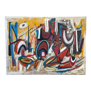 Large Listed John Schwab Original Abstract Expressionist Oil Painting Cubism MCM Kandinsky Style For Sale