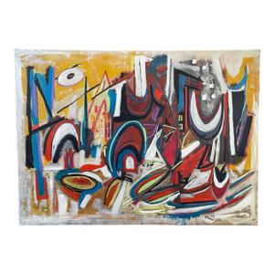 Large Listed John Schwab Original Abstract Expressionist Oil Painting Cubism MCM Kandinsky Style