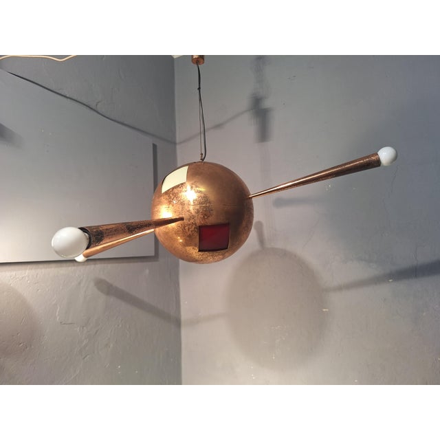 Blue Chandelier in Copper Brass and Colored Glass 4 Copper Cones For Sale - Image 8 of 18