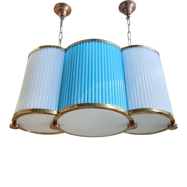 Vintage Art Deco Chandelier in Brass & Blue Milk Glass Rod Ship Light For Sale