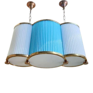 Vintage Art Deco Chandelier in Brass & Blue Milk Glass Rod Ship Light