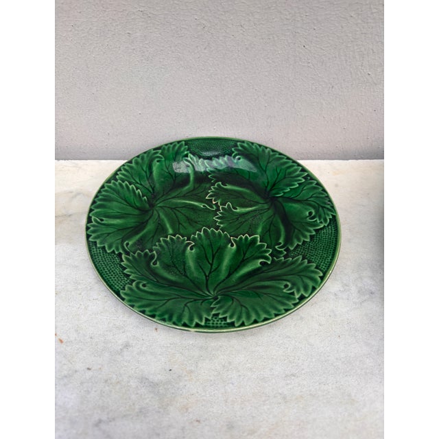French Green Majolica Leaves Plate Clairefontaine , Circa 1890.