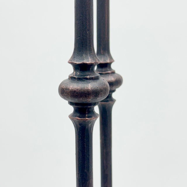 Hand Forged Iron Candelabra Pair (105cm) Antique Copper Tapered Stem with Scroll Base For Sale - Image 6 of 8
