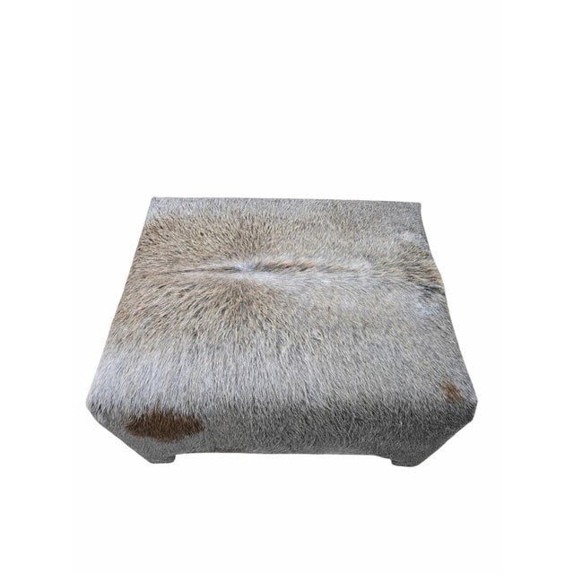 Beige Vintage Rustic Modern Cowhide Ottoman Newly Reupholstered in Cowhide For Sale - Image 8 of 9
