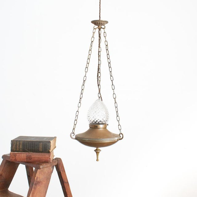 Gold Antique Arts & Crafts Brass Church Sanctuary Pendant Light from Holophane, 1890s For Sale - Image 8 of 9