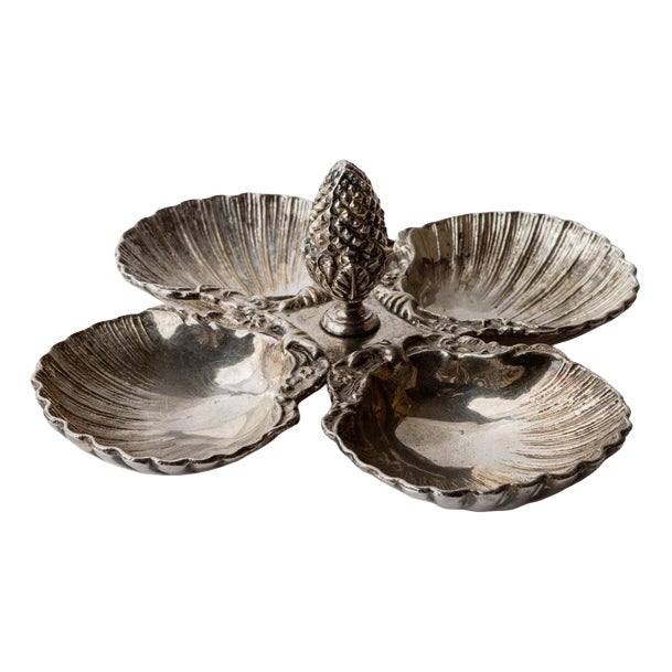 Art Deco Silver-Plated Centerpiece with Shell Dishes and Pinecone Handle, 1930s, Set of 5 For Sale