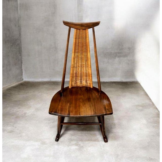 Brown Mid-Century Modern Rocking Chair in Solid Walnut & Rattan by Arthur Umanoff for Washington Woodcraft, Usa, C. 1960's For Sale - Image 8 of 12