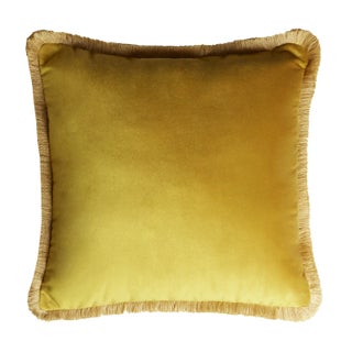 Major Collection Cushion in Mustard Velvet with Fringes from Lo Decor For Sale