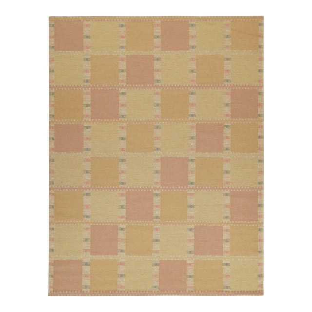 Rug & Kilim’s Scandinavian Style Kilim in Gold and Pink Geometric Pattern 5x8 For Sale