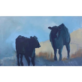 Herd Rhythm by Emma Kalff | Oil on panel Painting of two silhouetted cows against a blue background For Sale