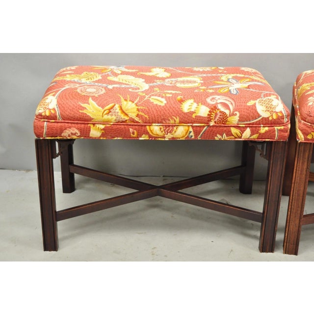 Vintage Chinese Chippendale Style Carved Mahogany Fretwork Bench Stool - Pair For Sale - Image 9 of 12