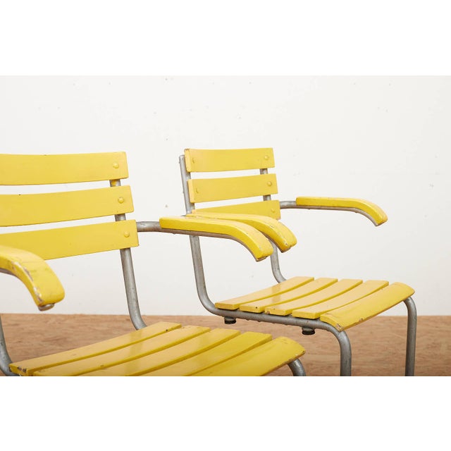 Wood Model 1024 Garden Chairs with Galvanized Steel Tube Frames and Yellow Wooden Slats, 1934, Set of 2 For Sale - Image 7 of 13