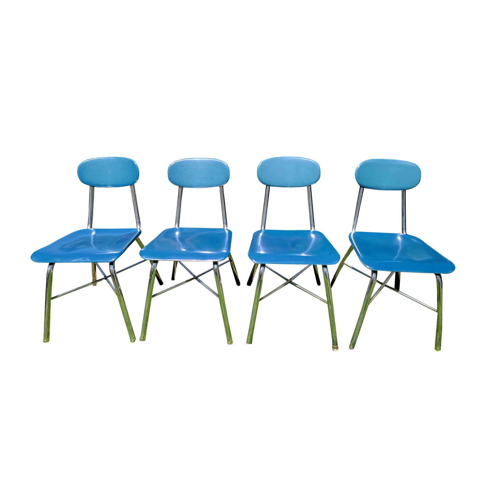 1970s Vintage Industrial School Chairs in Peacock Blue & Chrome by