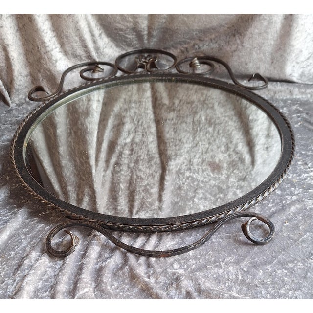 Rustic Vintage Round Wall Mirror with Black Wrought Iron Frame, 1970s For Sale - Image 3 of 4