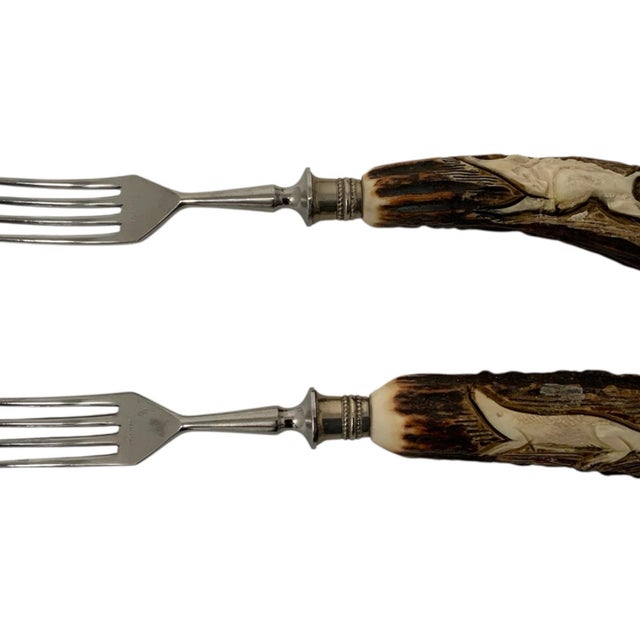 1950s Vintage German Hand-Carved Stag Antler Hunting Dinner Forks - Set of 8 For Sale - Image 5 of 8