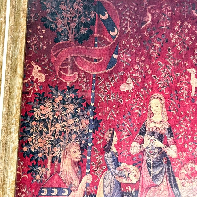 Late 20th Century Coordinating Pair of Framed Medieval Unicorn Tapestry Prints in Gilt and Mahogany-Tone Frames - Set of 2 For Sale - Image 12 of 12