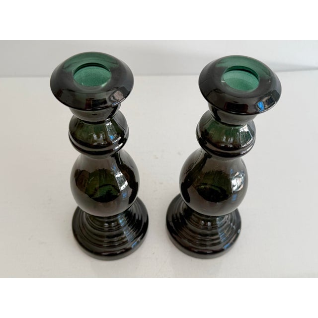 Contemporary Late 20th Century Emerald Green Glass Candlestick Holders For Sale - Image 3 of 3