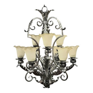 Silver Acanthus Leaf Chandelier With Scalloped Glass Cups For Sale