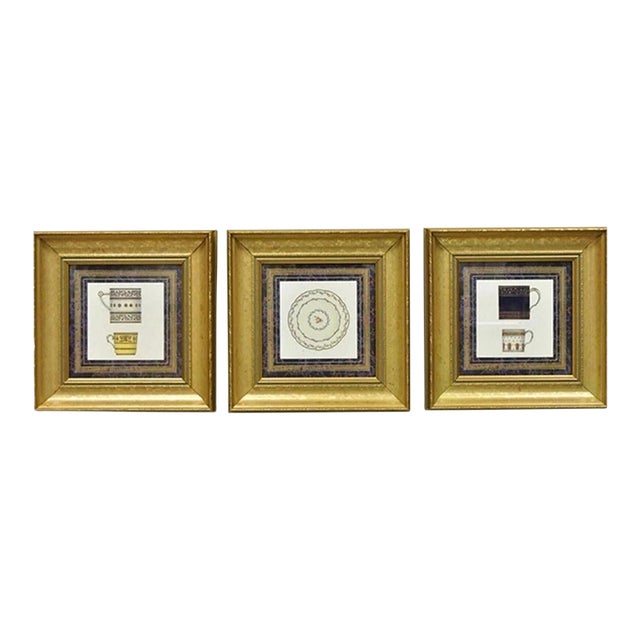 Vintage Artistic Innovations Gold Framed Wall Art Print Plate and Cups, 3 Pc Set For Sale
