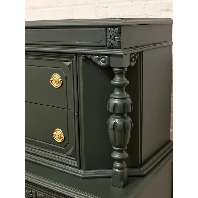 Dark Green Antique Hunter Green Highboy Dresser With Ornate Carved Details For Sale - Image 8 of 11
