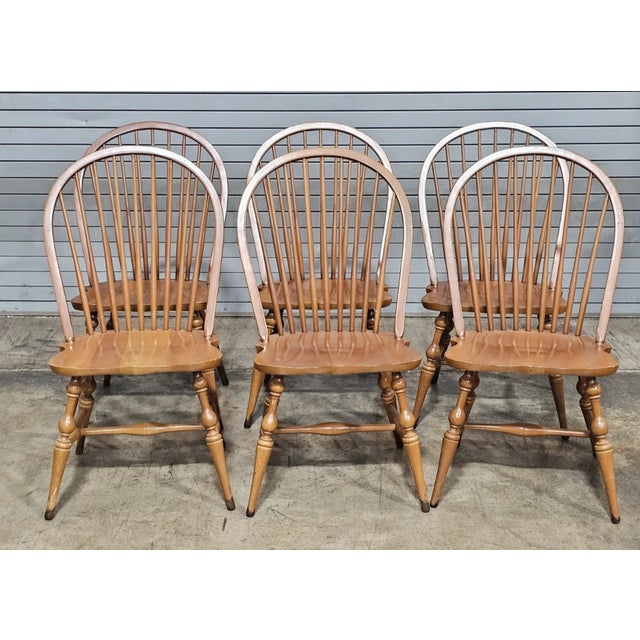 American Set of 6 Mid 20th Century Sold Maple Bow Back Windsor Chairs For Sale - Image 3 of 12