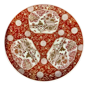 Antique Japanese 18” Large Red / Gold Imari Porcelain Charger Wall Plate W/ Iron Cart Motifs