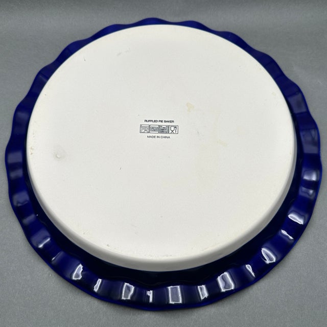 Ceramic Vintage 14-Inch Cobalt Blue Stoneware Ruffled Pie Dish With Scalloped Rim For Sale - Image 7 of 9