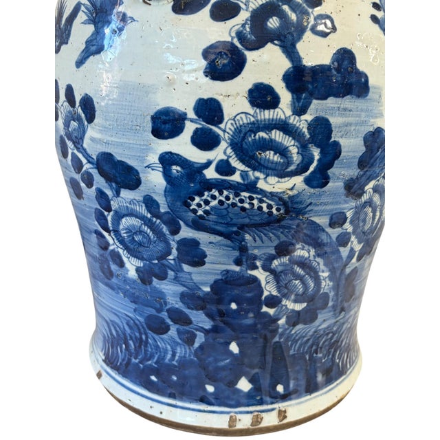 Antique White Vintage Large Chinoiserie B & W Porcelain Ginger Jar W/Birds 24" H For Sale - Image 8 of 10