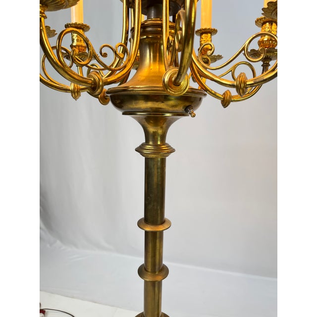 Stiffel Mid 20th Century Neoclassical 10-Light Brass Candelabra Floor Lamps With Shades - a Pair For Sale - Image 4 of 17