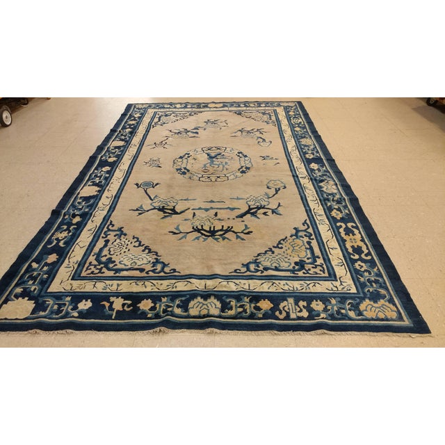 Chinese Antique Chinese Rug, Tan and Blue Oriental Handmade Wool Rug For Sale - Image 3 of 8