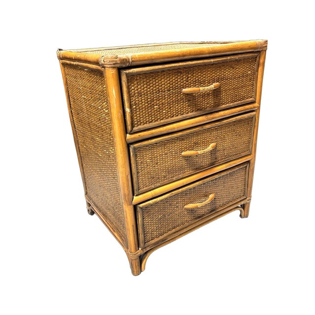 Wood 19th Century Aesthetic Movement Rattan & Woven Wicker Three Drawer Nightstand For Sale - Image 7 of 11