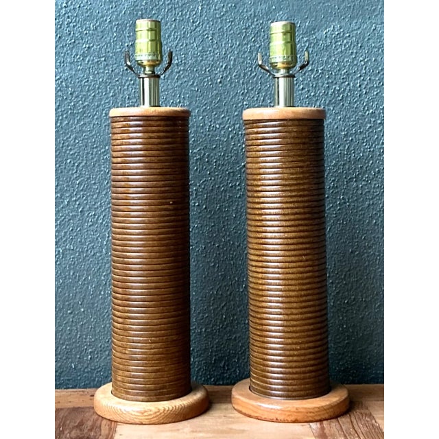 Chocolate Vintage Pencil Reed Cylinder Lamps - A Pair For Sale - Image 8 of 12