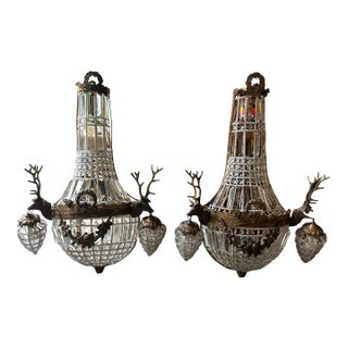1970s Gold Deer Head Stag Crystal Sconces - A Pair For Sale
