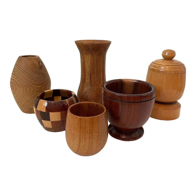 Vintage MCM Hand-Turned Wood Vases & Containers. Set of 6 For Sale