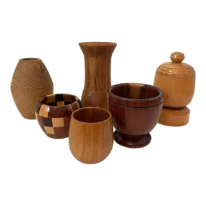 Vintage MCM Hand-Turned Wood Vases & Containers. Set of 6